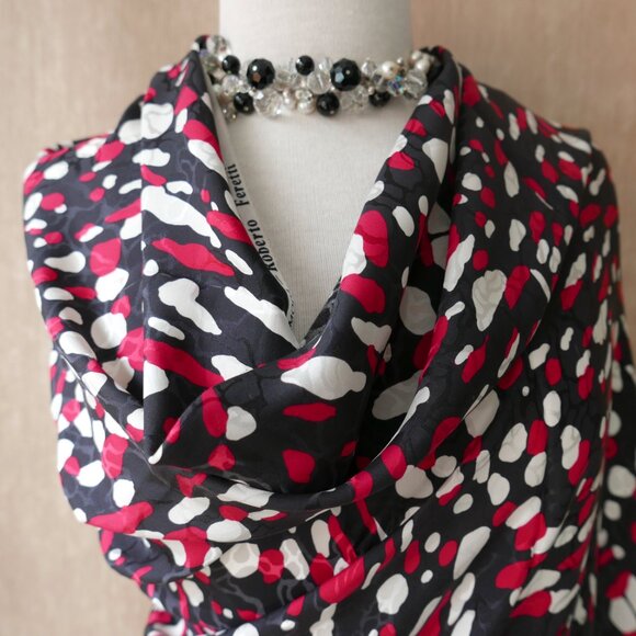 Pure Silk Sewing Fabric Remnant, Black Red White Roberto Feretti Designer Print - Picture 8 of 10